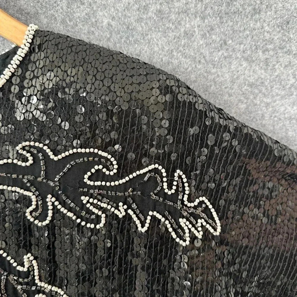 Vintage Sarin Sequin Top Womens S / M Beaded Black Silver Floral Silk 80s Blouse - Picture 6 of 15